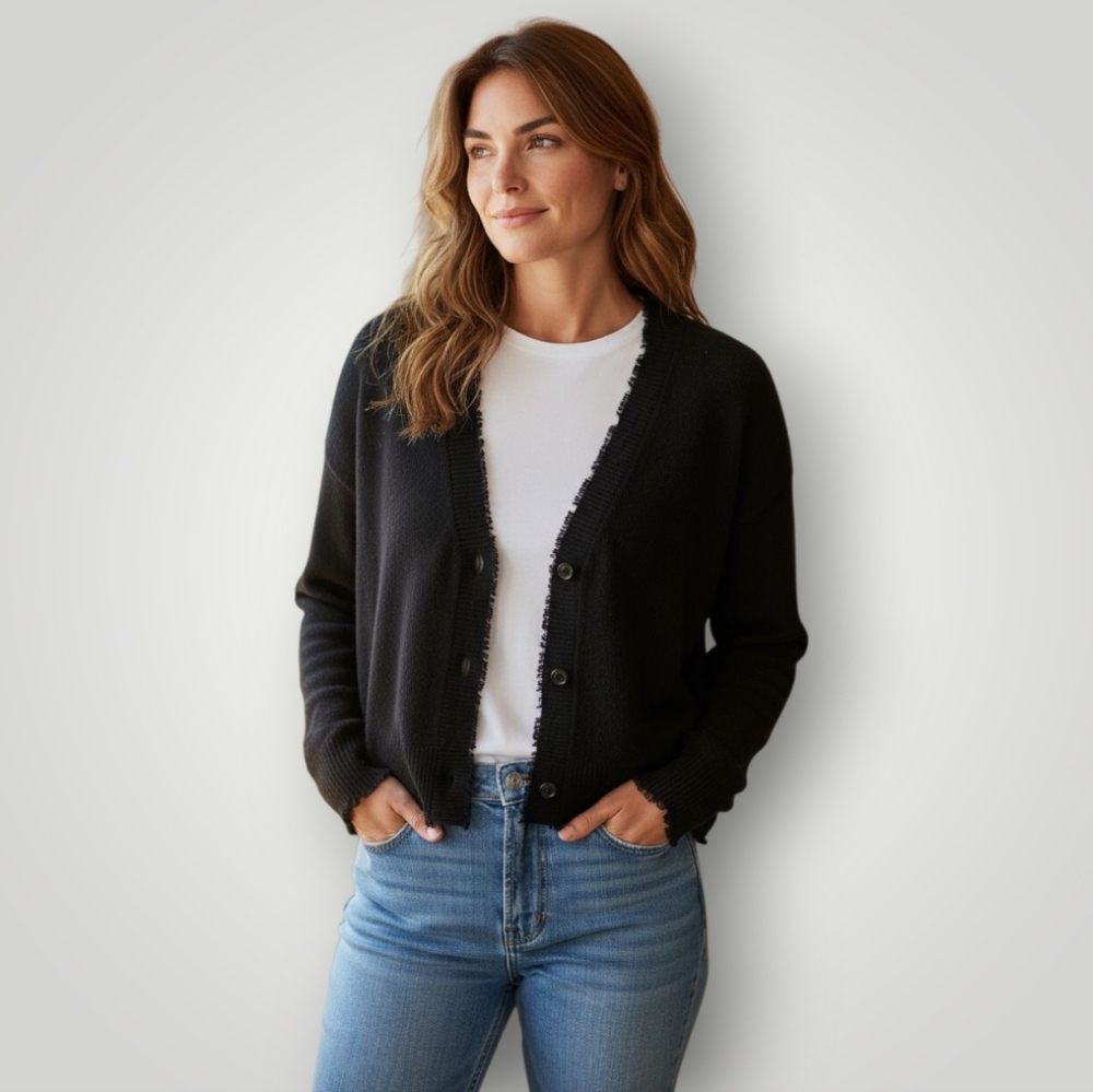 525 America Cropped Cardigan Sweater S Black 100% Cotton Distressed